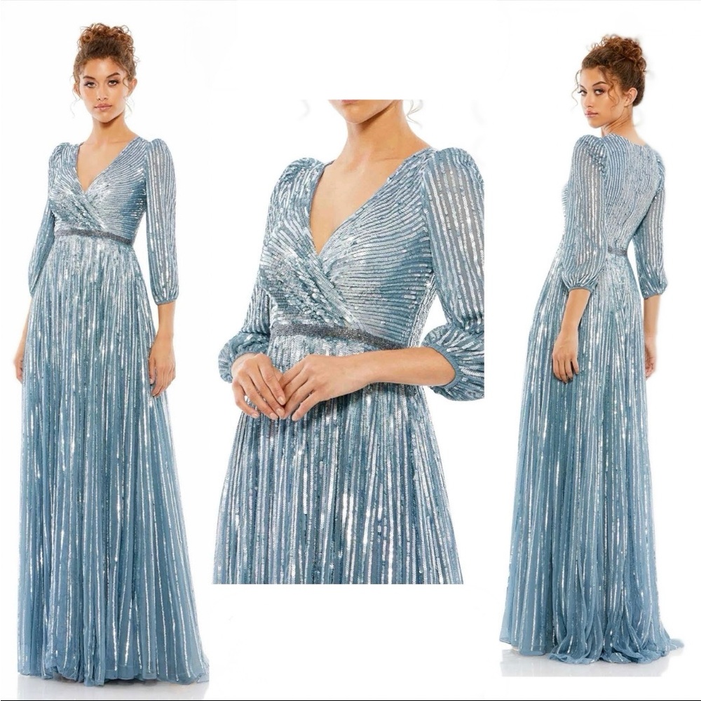 Mac Duggal 5509 Slate Blue (18) NWT Sequined Wrap Over 3/4 Sleeve Gown